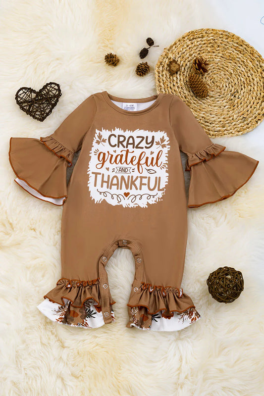 CRAZY, GRATEFUL AND THANKFUL" LATTE PRINTED BABY ROMPER WITH RUFFLE W/ BELL SLEEVE